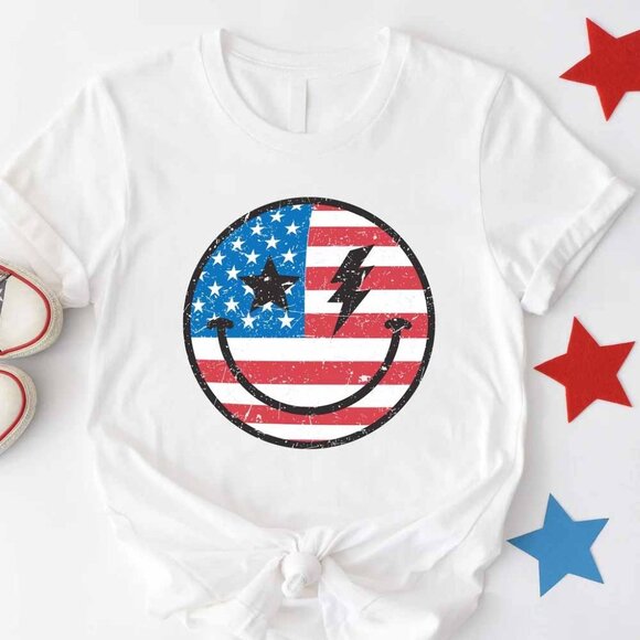 Gallidesigner Other - Retro Star Lightning T-Shirt, American Flag Smiley Face TShirt, Funny Tees